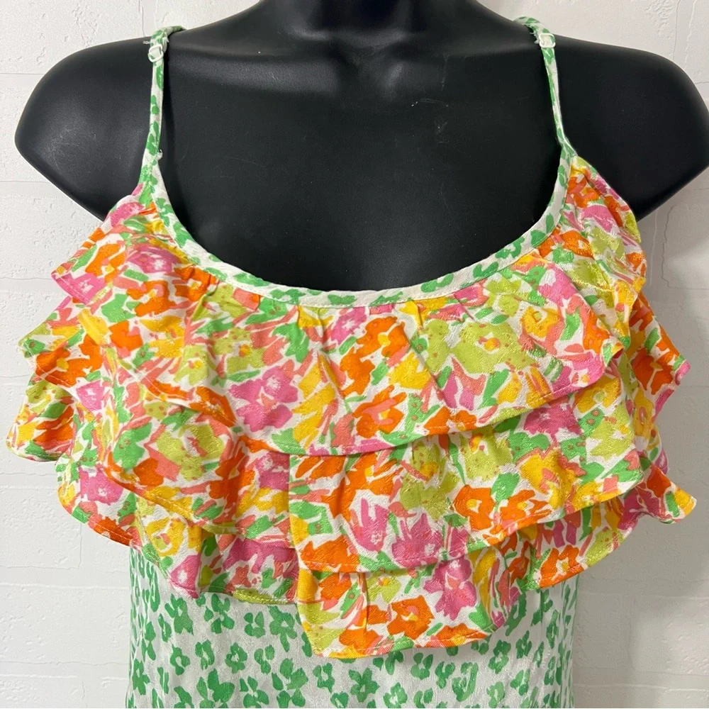 RIXO Target Green Leopard Print Ruffle Romantic Boho Midi Slip Dress Size M